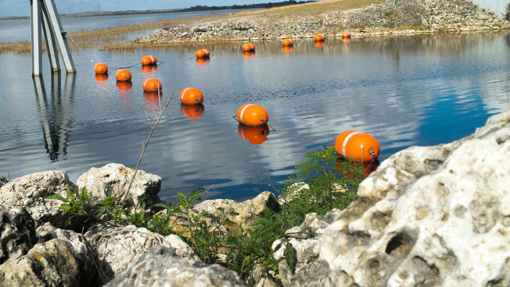 Buoys stringed together on top of the water in the Taylor Creek Reservoir.